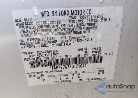 2011 Ford Taurus Sel z USA, uszkodzony, nr VIN 1FAHP2EW7BG171044